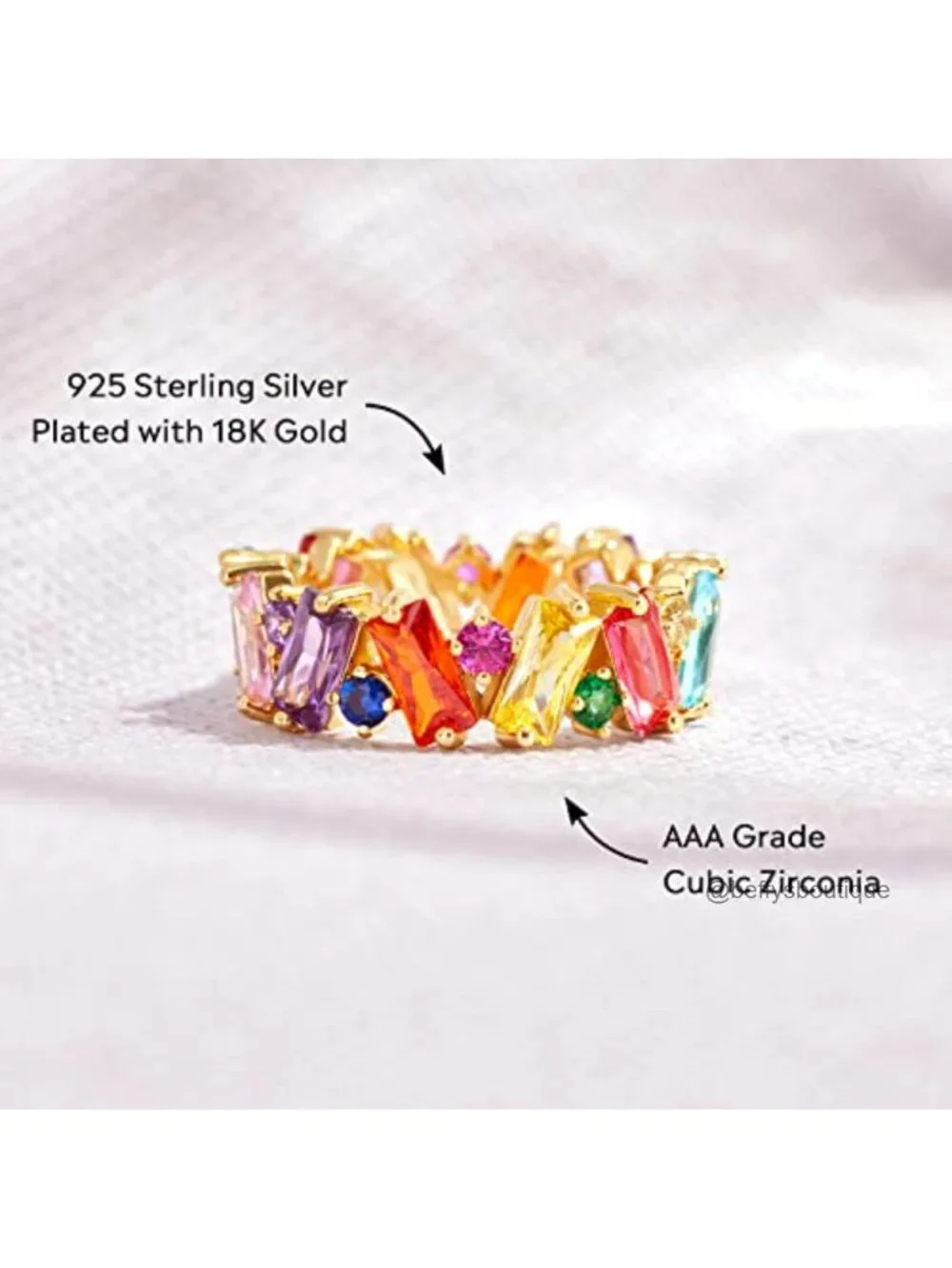 925 Sterling Silver Rainbow Eternity Band Ring for Women - 18K Gold Plated